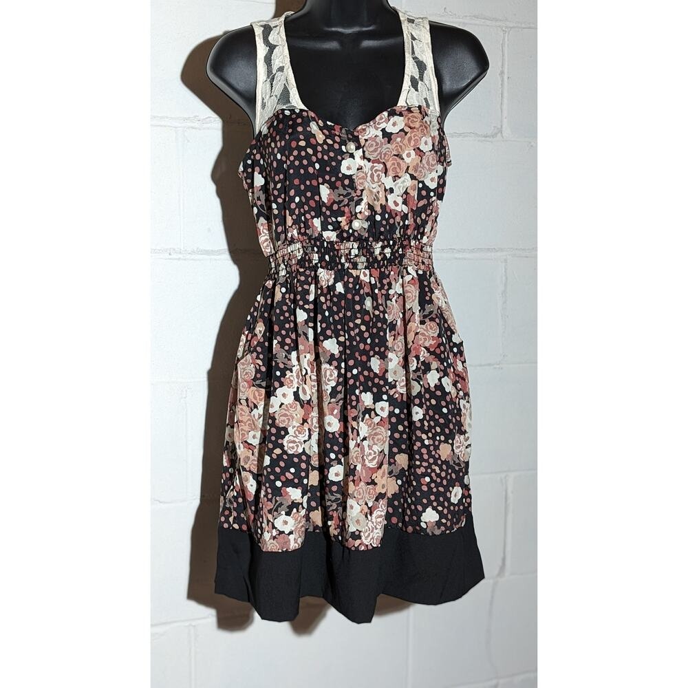 Just Ginger Floral Print Sun Dress Lace Detail Sleeveless Black Pink Medium